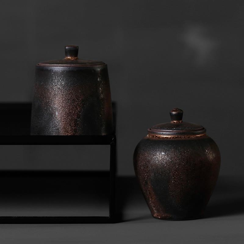 茶叶罐日式陶瓷密封罐粗陶大小号家用储物罐普洱包装罐子复古简易