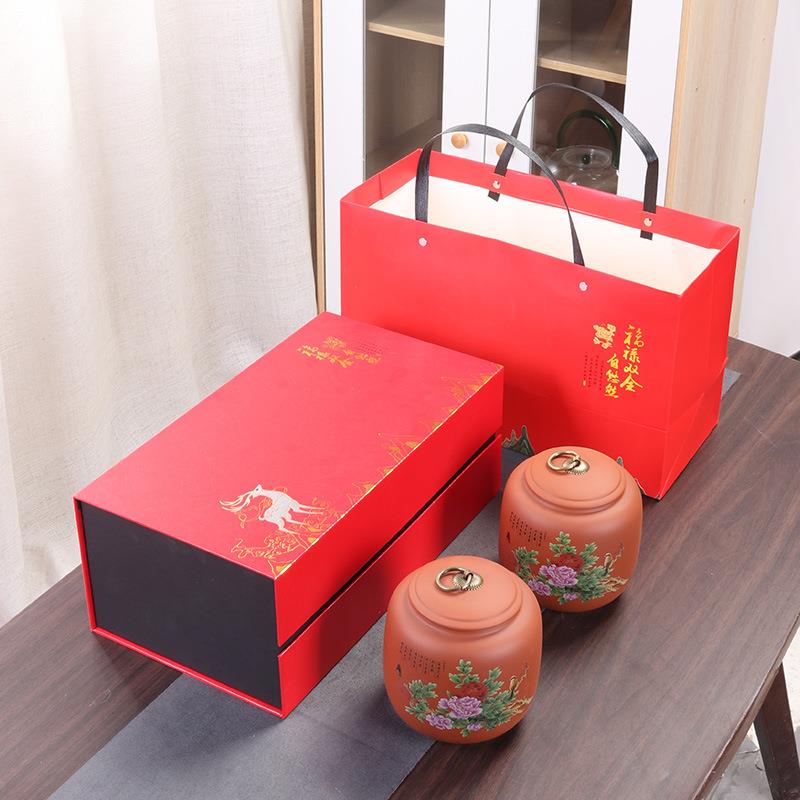 新款双陶瓷茶叶罐包装盒紫砂密封罐红色礼盒商务礼品红茶普洱茶罐
