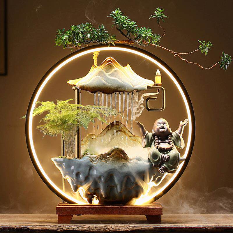 招财流水喷泉摆件创意家居灯圈倒流香办公室玄关生财桌面开业礼品