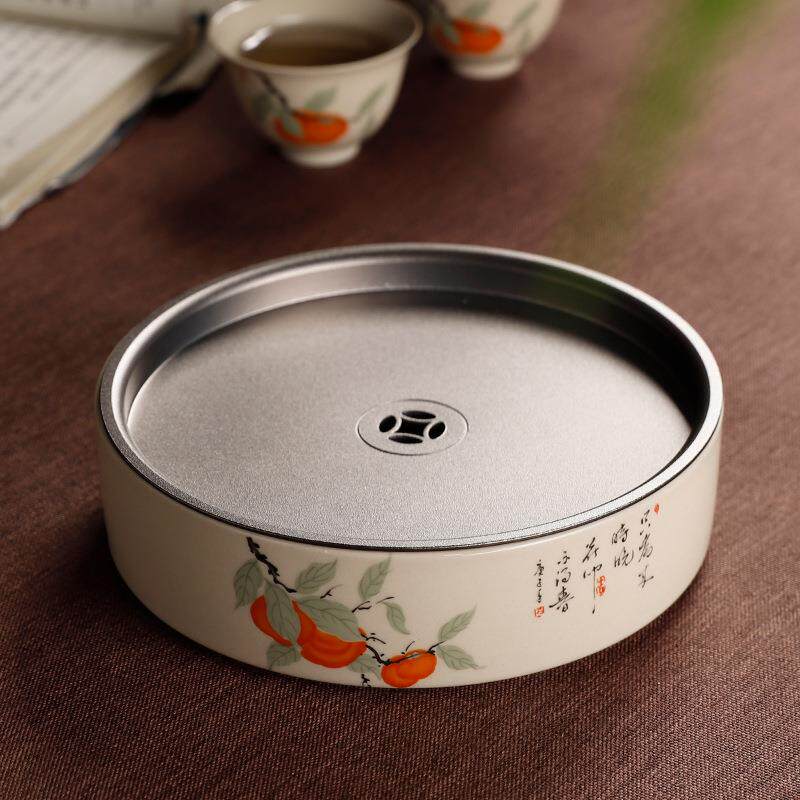 陶瓷蓄水茶盘功夫茶具金属锡盖双层壶承干泡茶台简约家用
