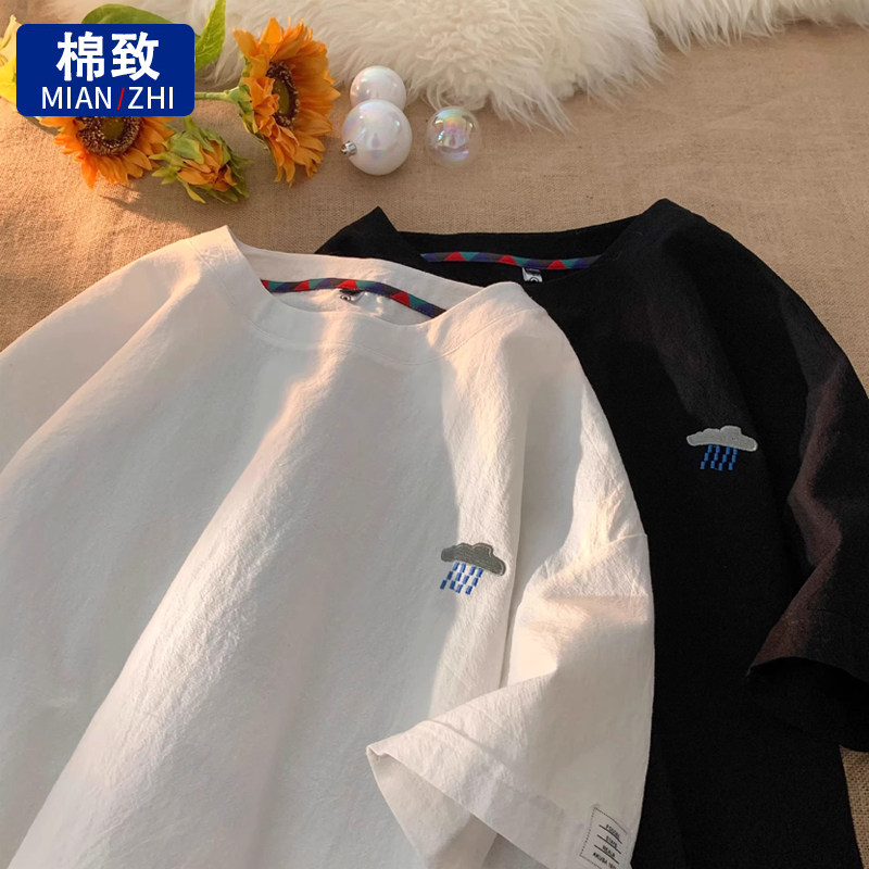 棉致刺绣棉麻T恤短袖男士夏季薄款宽松大码衣服潮牌男款亚麻半袖