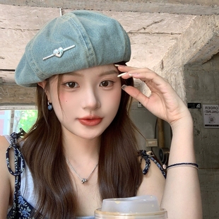 八角贝雷帽子女2025新薄款透气秋冬季大头围牛仔百搭显脸小报童帽