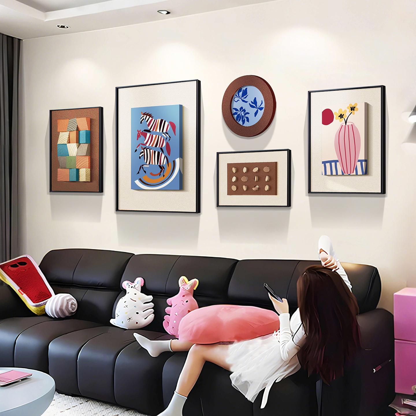 锐玺客厅立体实木挂画多巴胺风格