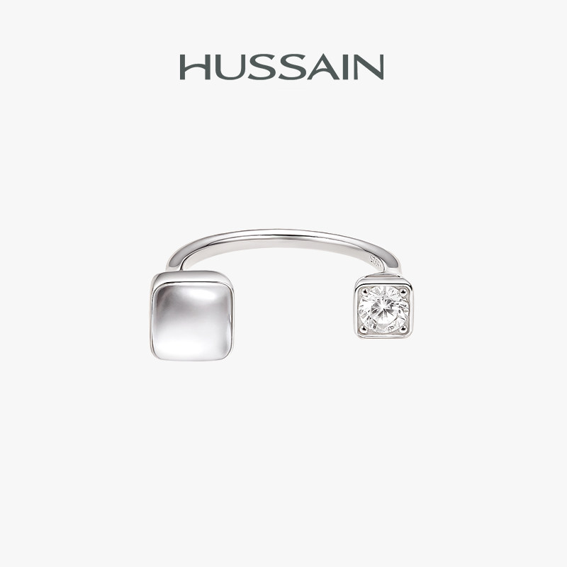 赫生HUSSAIN冰糖白水晶戒指几何方形冰透开口戒原创设计轻奢简约