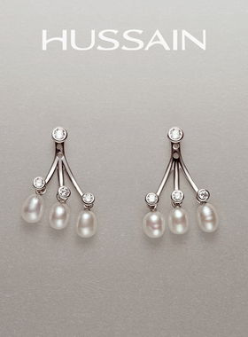 赫生HUSSAIN簌簌小流苏方圆脸珍珠耳环天然淡水高级耳饰轻奢耳钉