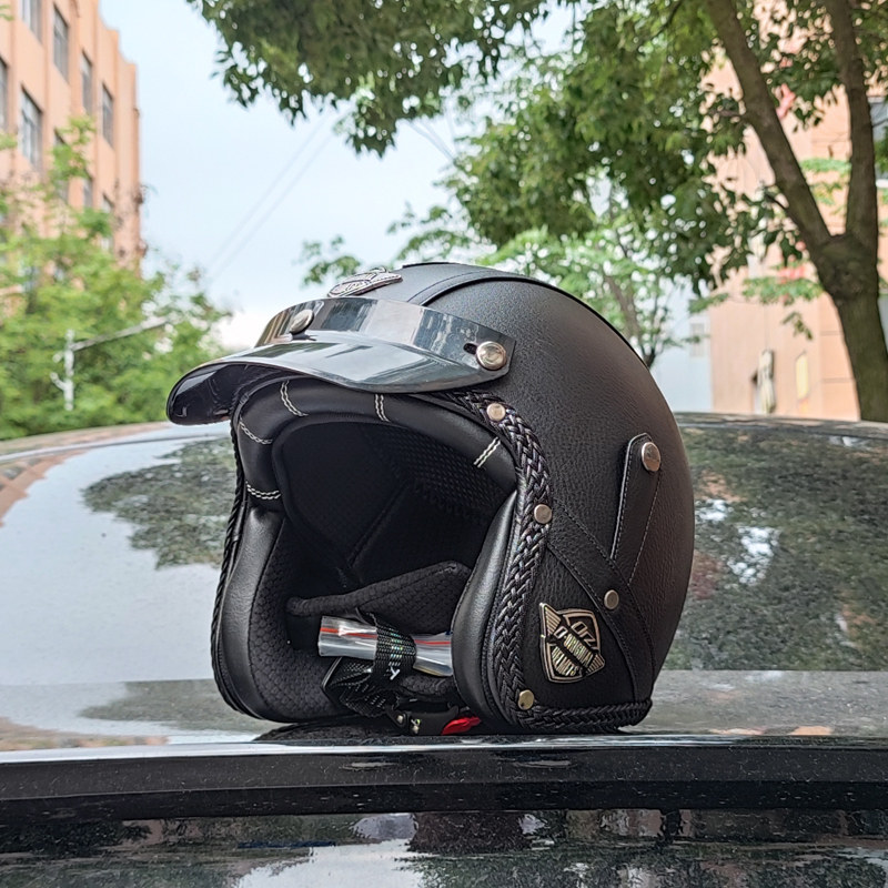 3C认证摩托车头盔男女半盔机车复古安全帽手工皮革3/4皮盔电摩