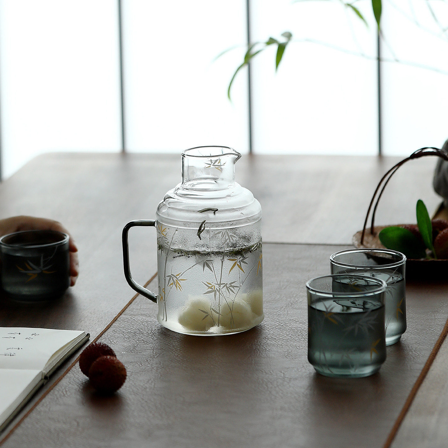 耐热玻璃壶主人杯水壶冷泡壶立体贴花手绘茶杯竹子竹叶茶壶