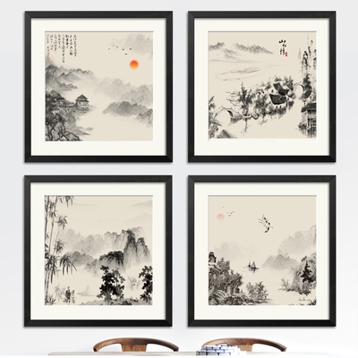 黑白复古装饰画禅意山水画中式挂画饭店包厢墙面小尺寸水墨画国画