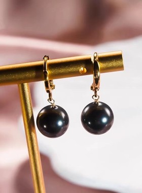 纯18K玫瑰金黑色天然淡水珍珠耳环AU750镶嵌百搭设计耳饰1CM耳圈