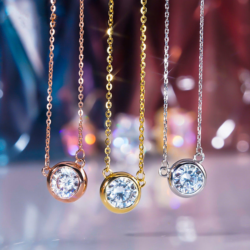 18K玫瑰金进口莫桑石项链女AU750泡泡米奇叠戴吊坠不掉色锁骨链