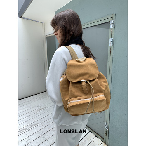 Lonslan Bag 2026新款复古麂皮绒大容量双肩包学院风背包
