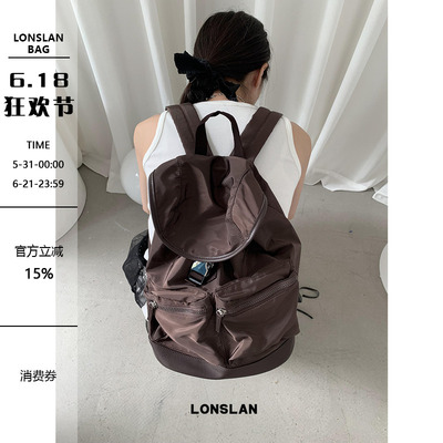 Lonslan BAG 2026棕色多口袋大容量双肩包包登山包运动风百搭包