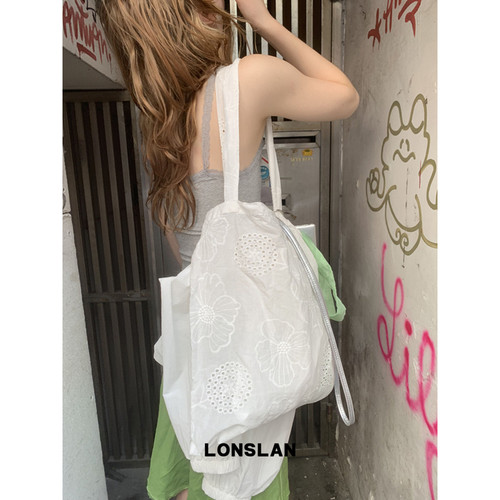 Lonslan BAG 2026蕾丝刺绣大容量帆布包单肩包