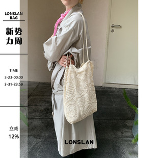 Lonslan 2026春夏米白色温柔蕾丝单肩帆布包大容量通勤包包 BAG