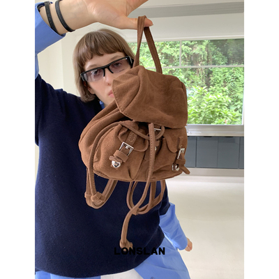 Lonslan BAG 2025NEW 麂皮翻盖时尚休闲百搭双肩包可调节