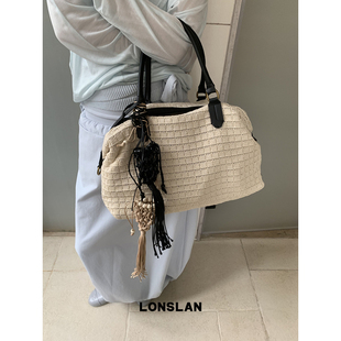 Lonslan 2026春夏新款 编织时尚 撞色大容量托特包手提斜挎包包 BAG