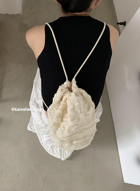 Lonslan BAG 24SUMER NEW小众设计细肩带褶皱抽绳单肩斜跨双肩包