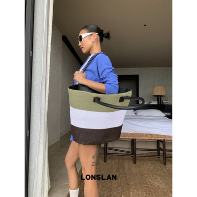 Lonslan Bag 2026新款草编拼接条纹撞色包大容量水桶腋下包度假风