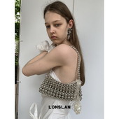 Lonslan BAG 2025银色闪亮珠子编织镂空设计单肩腋下包