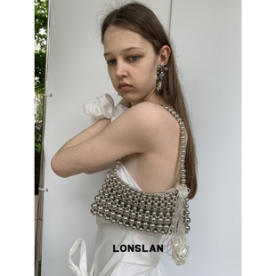 Lonslan BAG 2025银色闪亮珠子编织镂空设计单肩腋下包