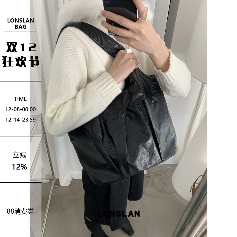 Lonslan BAG 2024WINTER简约多口袋实用单肩通勤大容量包包