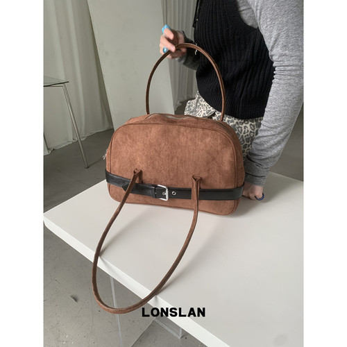 Lonslan BAG 2025NEW 绒面设计手提斜跨暗黑皮带扣保龄球包