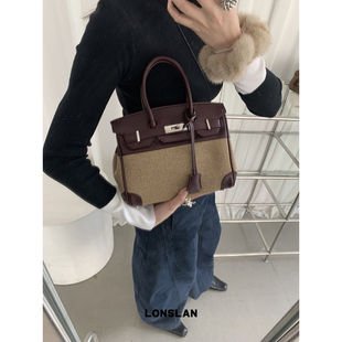手提铂金包包呢料拼接通勤单肩斜挎包包 2024秋冬新款 Lonslan BAG