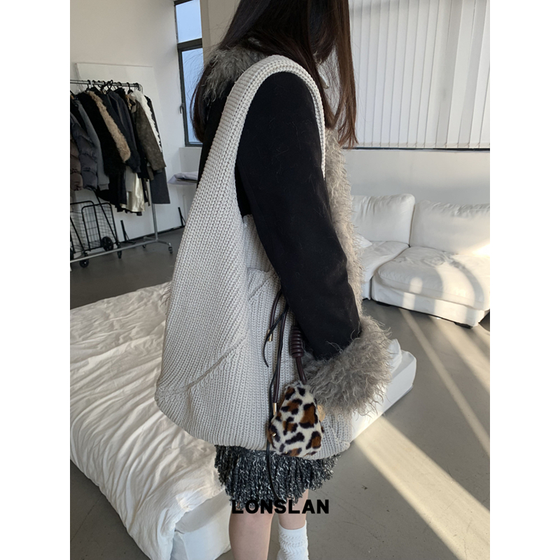 Lonslan BAG 2024WINTER设计感百搭针织撞色豹纹复古大容量单肩包