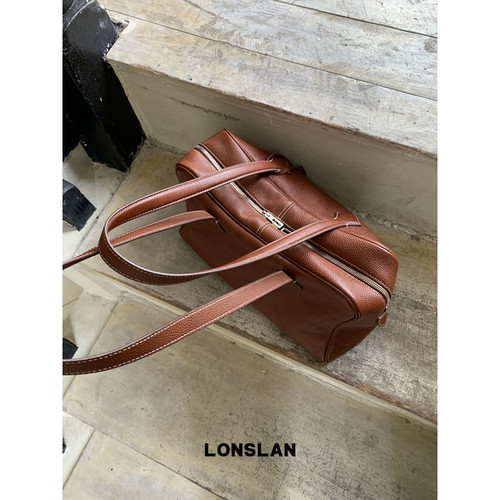 Lonslan Bag 26早秋复古荔枝纹理头层牛皮棕色大容量托特包