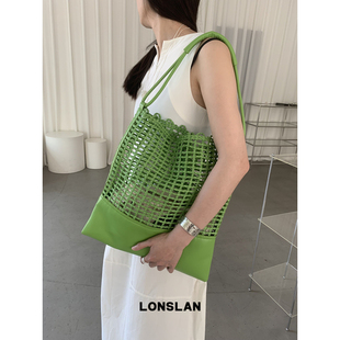 NEW 2025 绿色编织拼接设计大容量通勤旅游单肩包 BAG Lonslan