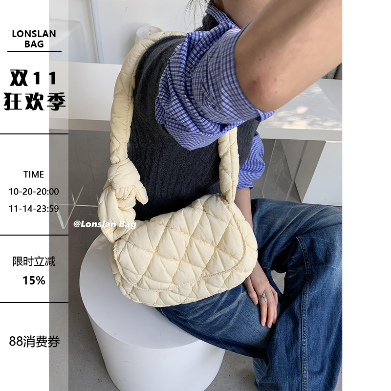 Lonslan BAG 2023冬季新款绑结设计夹棉可爱通勤百搭单肩斜跨包女