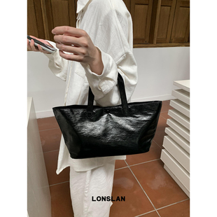 BAG Lonslan 2024小众设计吸晴亮眼皮质大容量手提包女银黑
