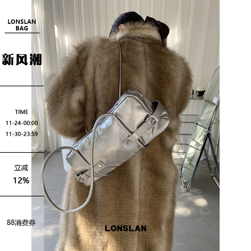 Lonslan BAG 2024WINTER小众设计腋下休闲包银色保龄球枕头包