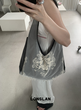 Lonslan BAG 2025NEW复古设计拼接蕾丝大容量斜挎气质包包