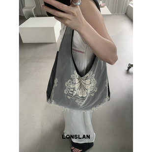 Lonslan BAG 2025NEW复古设计拼接蕾丝大容量斜挎气质包包
