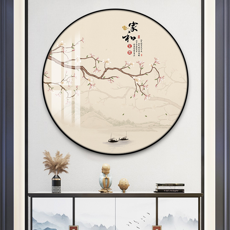 圆形挂画花开富贵入户玄关装饰画新中式客厅墙画鸟语花香茶室壁画图片