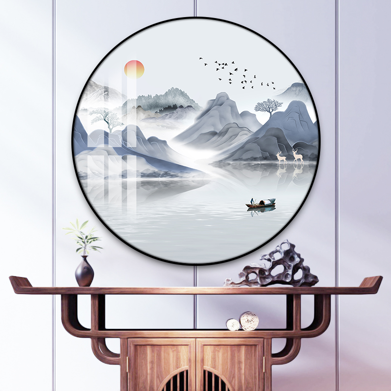 圆形山水画挂画新中式玄关装饰画茶室背景墙墙画酒楼包间墙面壁画图片