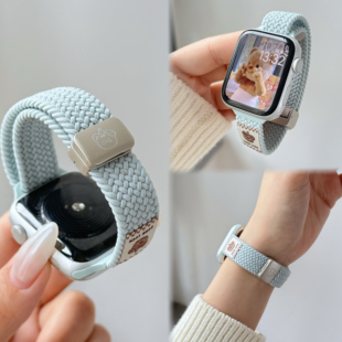 小蛮腰编织礼帽熊款适用苹果S11手表Apple Watch10印花扣ultra磁吸可爱腕带iwatchs11女士8高级感7透气SE表带