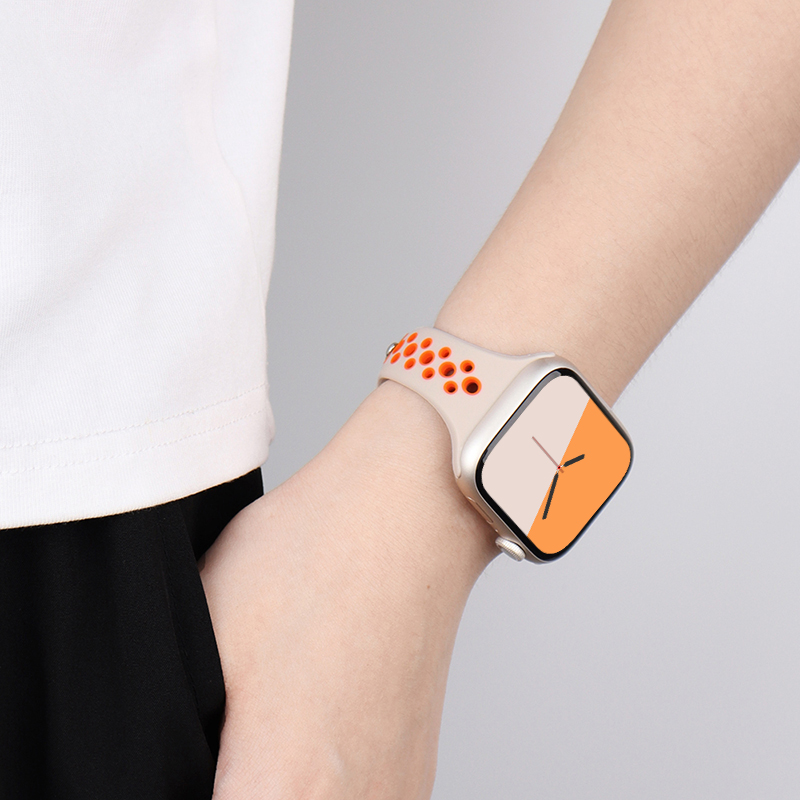 适用苹果s10手表表带iwatch9小蛮腰洞洞款applewatch8/7/6代se硅胶运动男女撞色42/46mm细款彩虹透气新款腕带