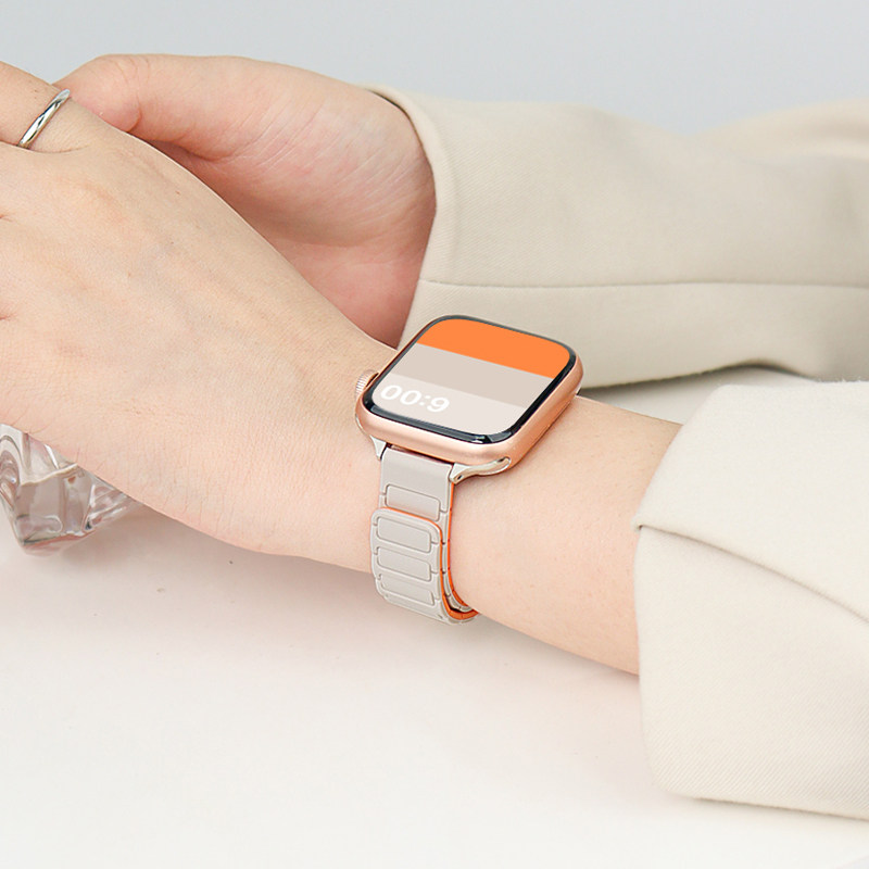 适用苹果S10手表表带iwatch9细款磁吸applewatch8硅胶运动S11高级s7创意42/46mm双色三株小蛮腰新款ultra表带