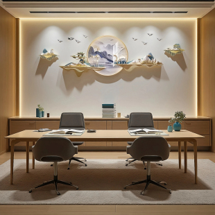 研拙高级感办公室背景墙立体浮雕装饰画蓬莱秀色接待室灯画壁挂画