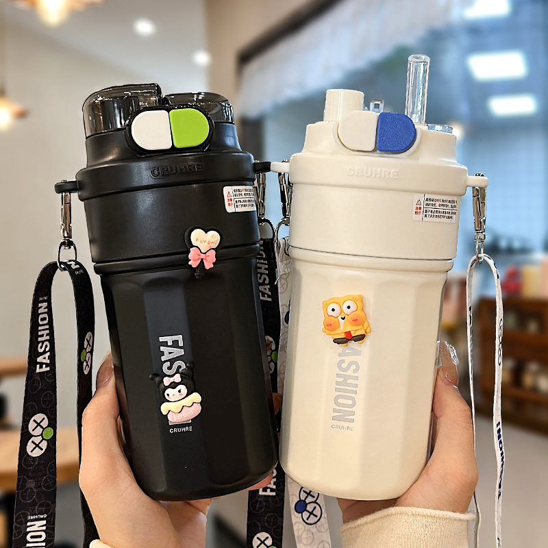 双饮保温杯女大容量带背带可斜跨吸管水杯便携316不锈钢学生杯子