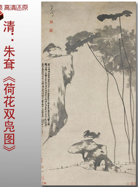 清代朱耷荷花双凫图水墨花鸟图高