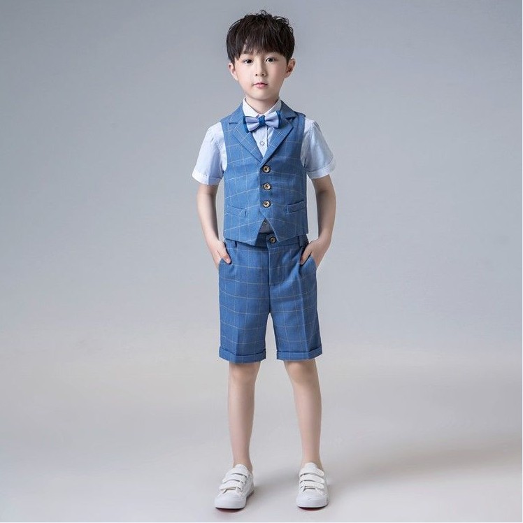 六一儿童表演男孩主持人钢琴演出服夏季英伦男童帅气礼服夏蓝色系