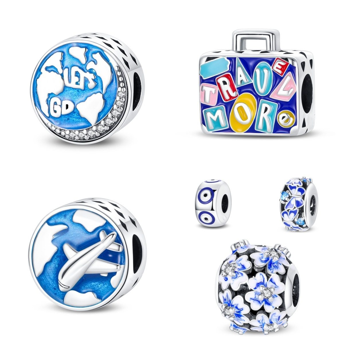 铜镀925银珠子  DIY饰品手链配件 蓝色旅行蝴蝶珠子吊饰 跨境