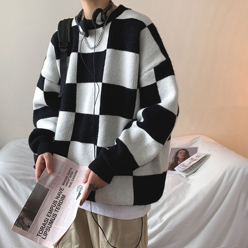 黑白格子毛衣男慵懒风日系复古套头衣服冬季潮牌帅气个性针织线衫