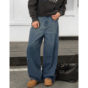 复古渐变做旧水洗牛仔裤男2026春夏宽松直筒阔腿蓝色美式休闲长裤