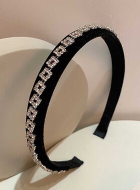 韩国发饰刘海夹复古黑色丝绒简约百搭几何方块链条水钻BB夹细发箍