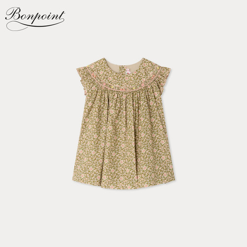 【新品】Bonpoint2026春夏女小童碎花缩褶小飞袖连身裙小樱桃童装
