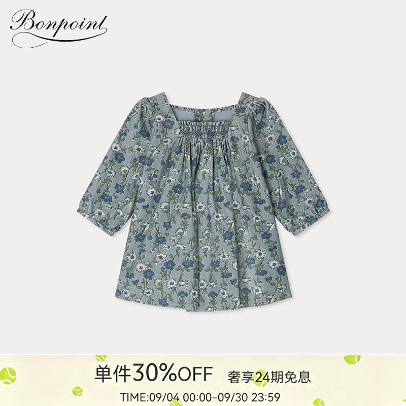 秋冬女小童碎花缩褶长袖连身裙Bonpoint童装